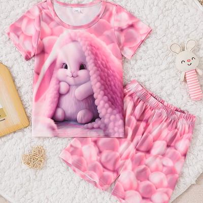Комплекты для детей: пижамный комплект с милым кроликом, состоящий из 2 предметов, футболка с короткими рукавами и короткие повседневные топы с 3D принтом, одежда для девочек от 2 до 8 лет