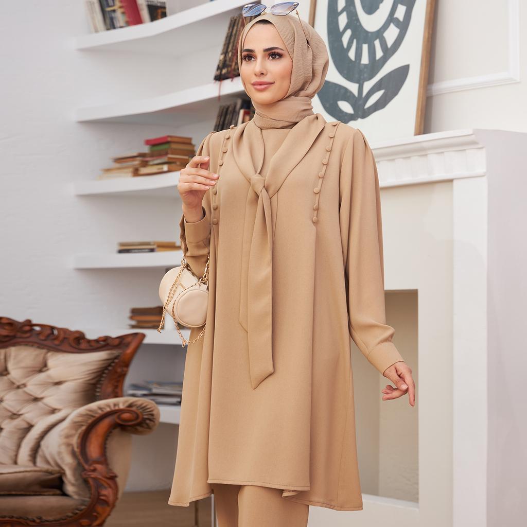 Foulard Collar Women Tunic Pants Double Suit Combine Islamic Muslim Casual Fashion Loose Summer Summer New Season Turkey