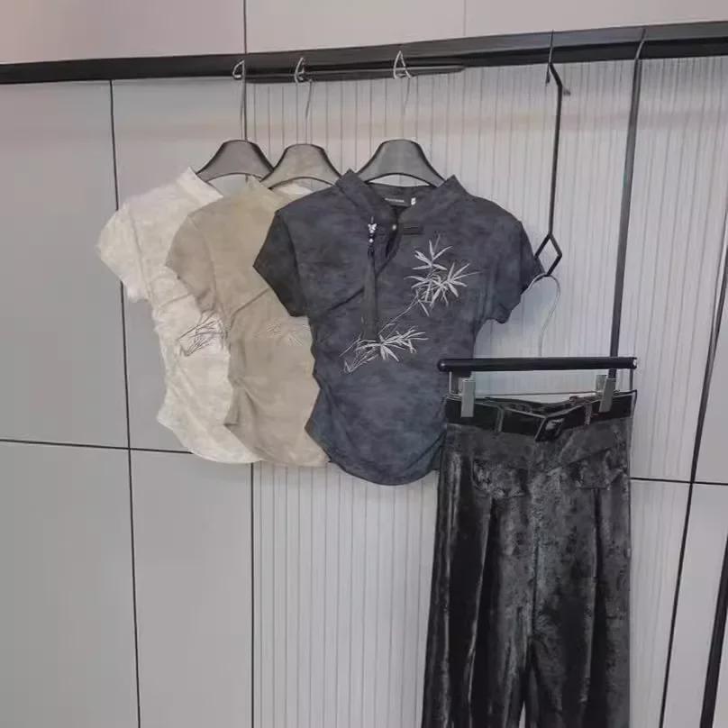 Футболка женская Thirteen Lines 2024 в китайском стиле с вышитыми пуговицами, короткий топ