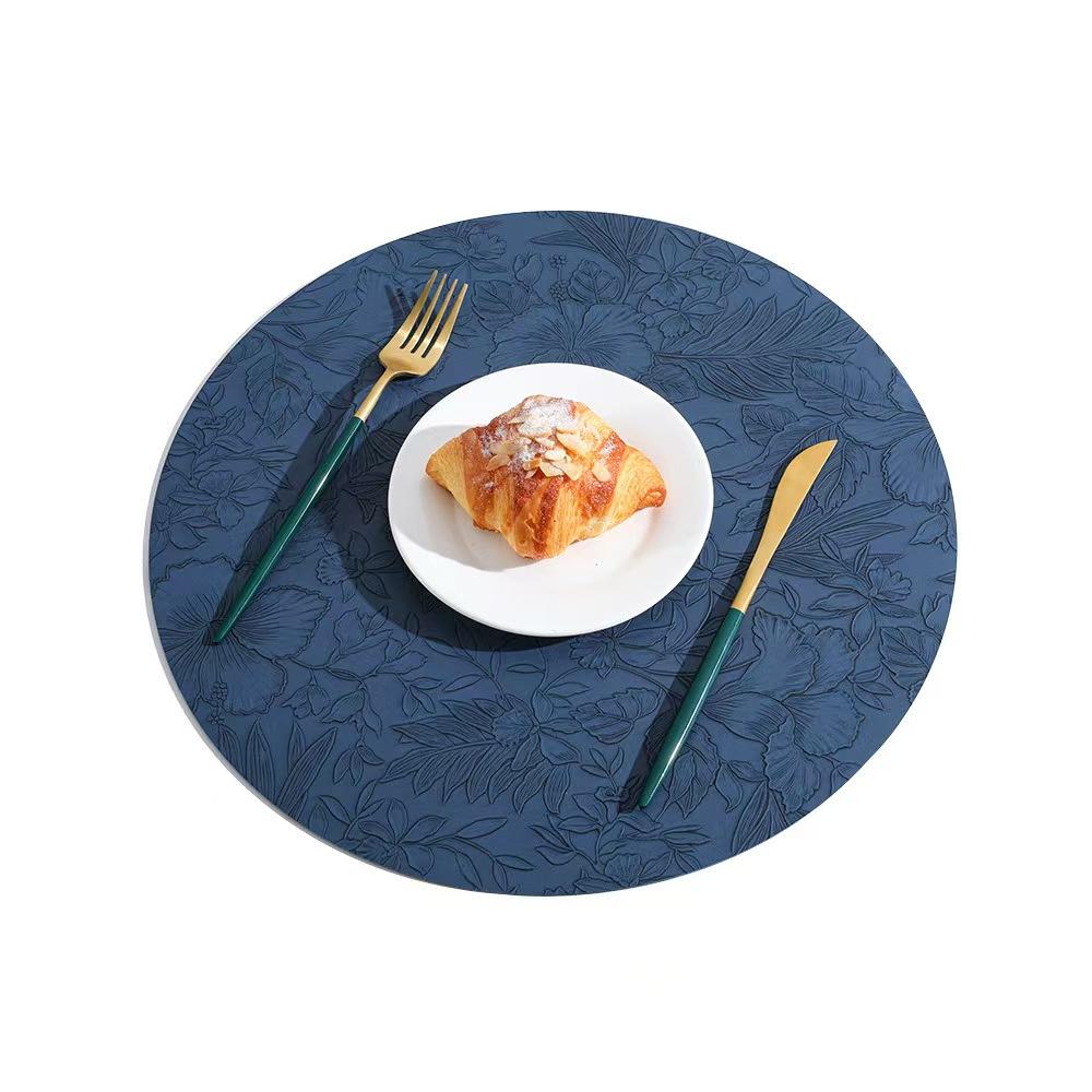 Round Floral Leather Place Mats 34cm, Heat Resistant Non-Slip Washable, Dual-Sided Two-Color Kitchen Coffee Table Mats for Home
