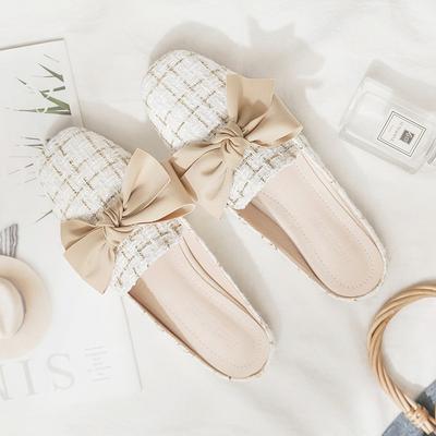 2024 Роскошные женские туфли-лодочки, летние женские шлепанцы с закрытым носком, ленивые шлепанцы с бантом, тапочки на плоском каблуке для девочек, корейские уличные шлепанцы