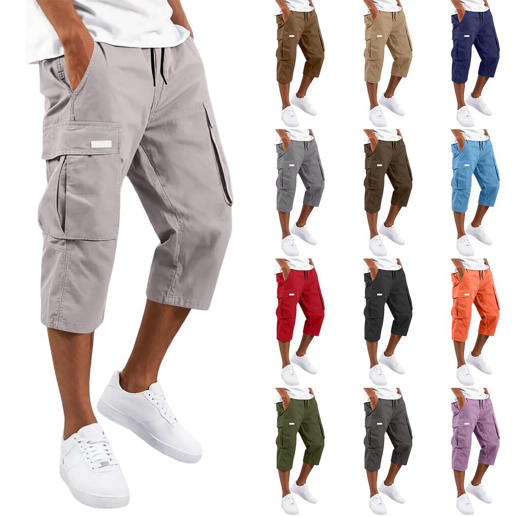 Men’s Drawstring Cargo Pants Multi Pocket Relaxed Fit Seven Quarter Length Casual Trousers for Daily Wear Outdoor Activities