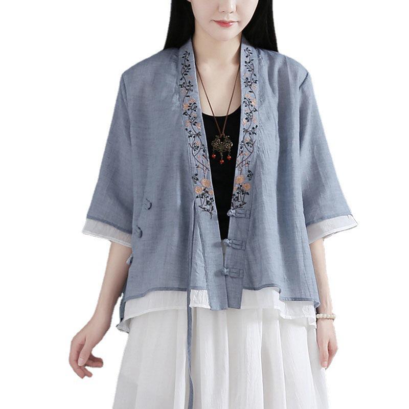 Женский кардиган из хлопка и льна с V-образным вырезом и вышивкой, новый литературный стиль лето 2024, рубашка с рукавом до середины плеча