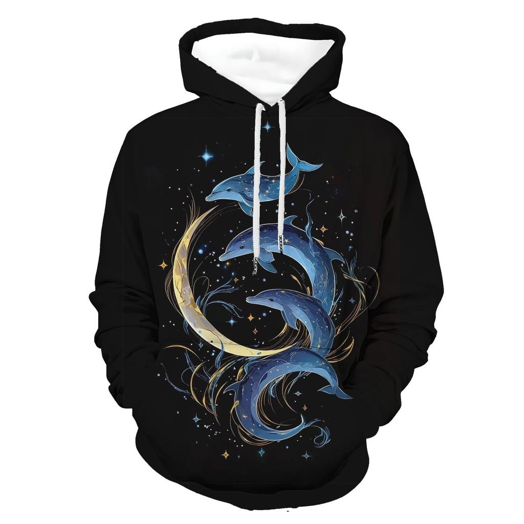 Celestial Sea Print Pullover for Men, Multi-Style Moon Dolphin and Cosmic Artwork Full Graphic Loose Pullover, Crafted for Marine Hobby Meetups