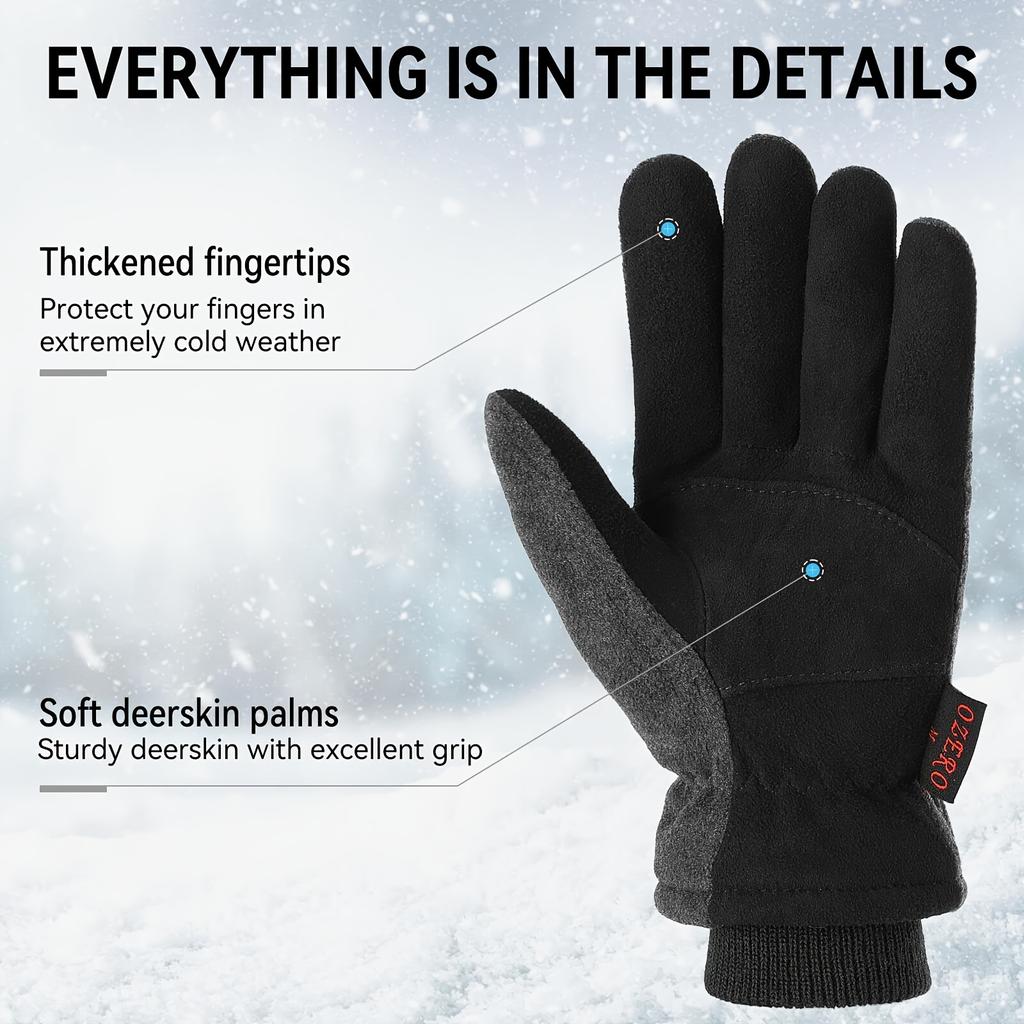 Winter Gloves -30°F Cold Proof Deerskin Suede Leather Insulated Water-resistant Windproof Thermal Glove For Driving Hiking Snow Work