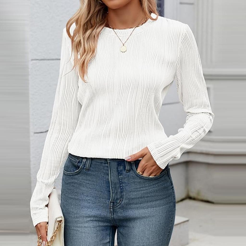 Женская повседневная однотонная футболка свободного кроя с круглым вырезом и длинными рукавами