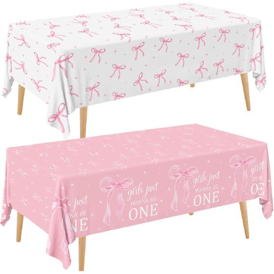 Pink Bow 1st Birthday Party Decorations 2Pcs Coquette Birthday Decorations Tablecloths Girls Just Wanna Be One Table Cloth Bow Theme Disposable