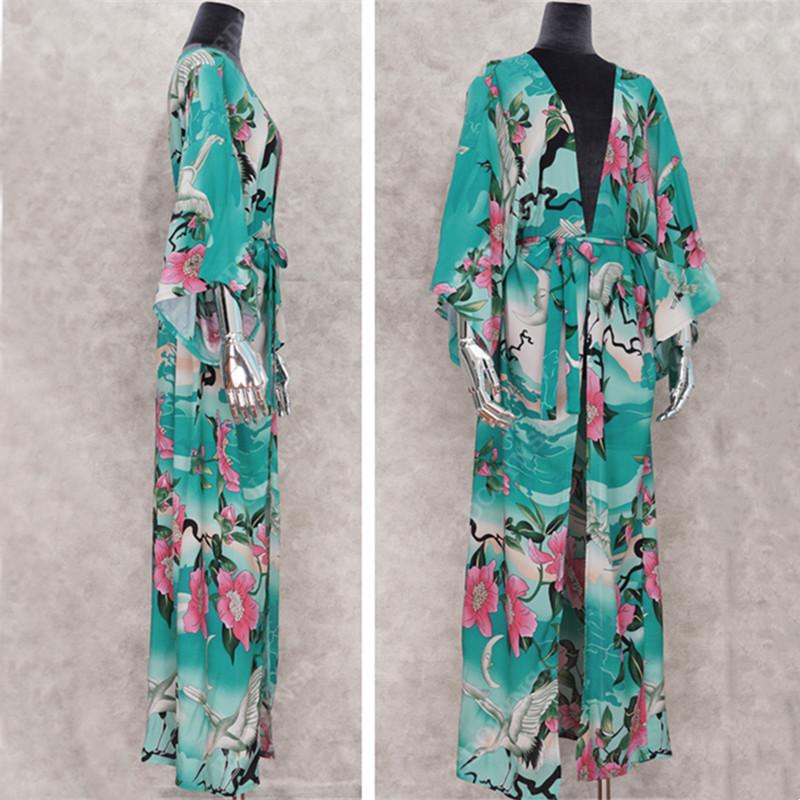 2022 зеленое хлопковое бикини с принтом в стиле бохо, туника с длинными рукавами, длинное платье, повседневное женское пляжное платье больших размеров, фартук Q734