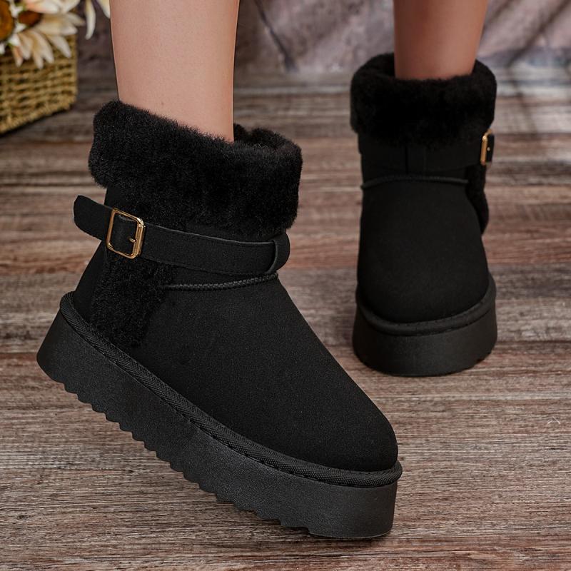 Soft Non Slip Thick Bottom Furry Snow Boots Women 2025 Winter Warm Fluffy Fur Ankle Boots with Platform Metal Buckle Plush Shoes