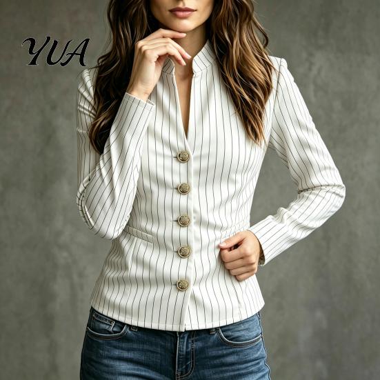 Slim Fit Casual Blazer Women Stand Collar Striped Blazer, Single-Breasted Anti Wrinkle Formal Blouse Top, Office Business Jacket Outerwear Lady