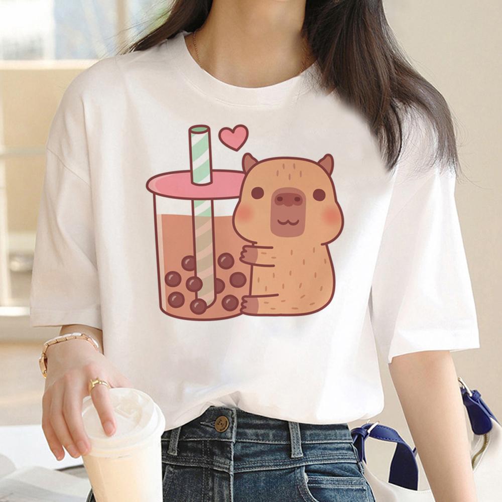 Capybara T Shirt Women Print Summer White Top Cotton T-shirt Graphic Tees Women Vintage Streetwear 90s Plus Size Tshirt Female