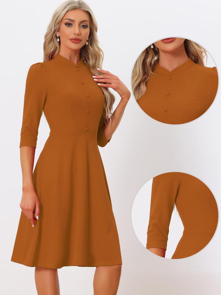 Allegra K Elegant A-Line Sheath Dress with Three-Quarter Sleeves and Stand Collar, Dark Orange, Size S