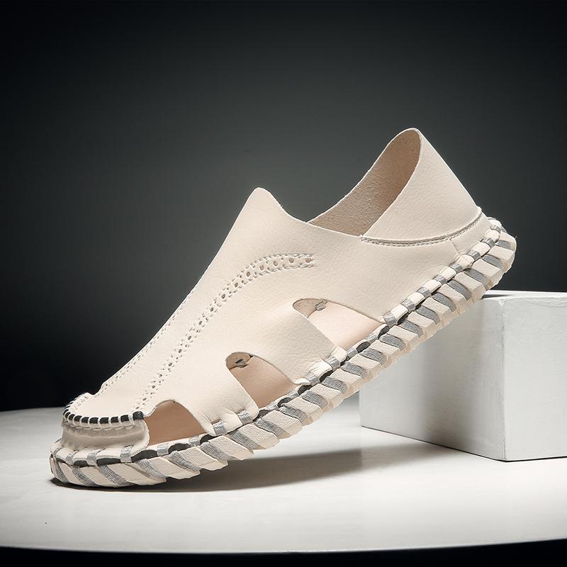 Сандалии мужские из натуральной кожи, прочные, ручной работы, пляжная обувь, противоударный носок, мужские летние туфли на плоской подошве, нескользящие, для дома и улицы