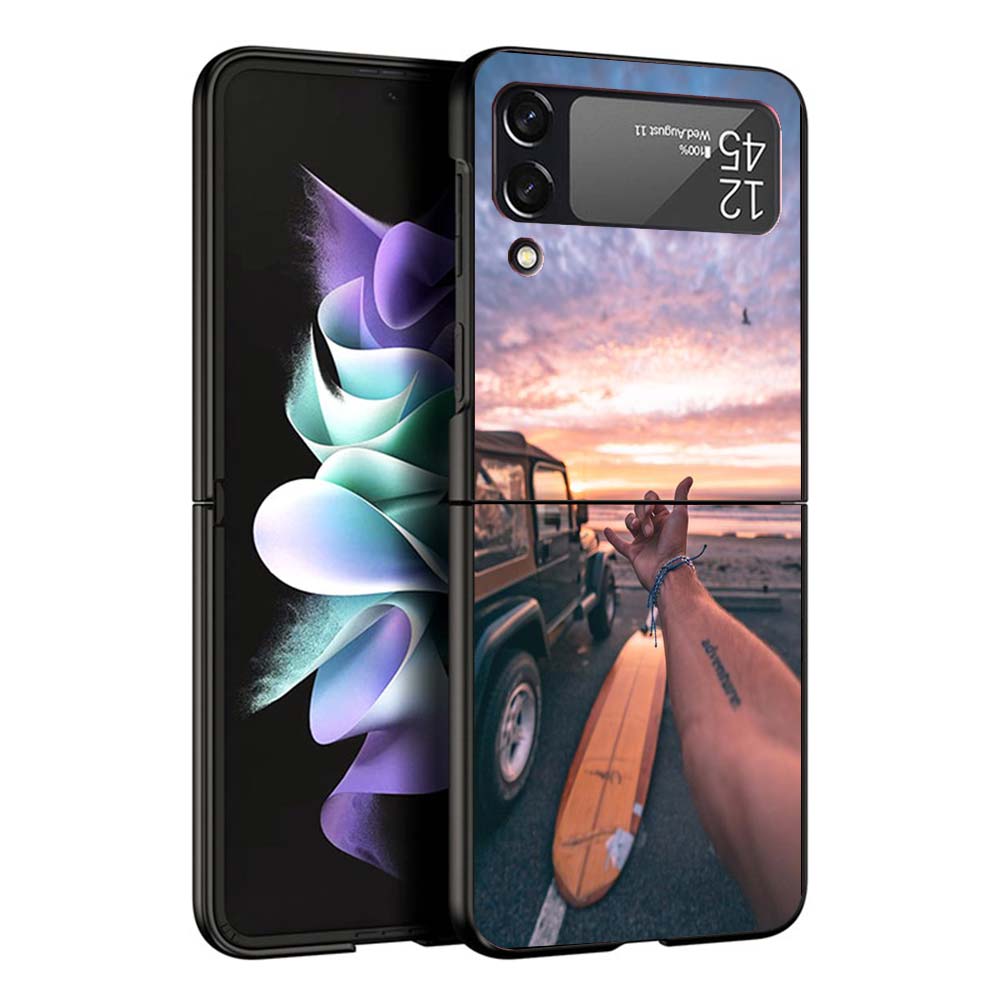 Surfboard Surfing Art Surf Girl Summer Hard Black Cover for Samsung Galaxy Z Flip 7 6 5 4 3 5G Phone Case Flip7 Flip6 Flip5 Flip