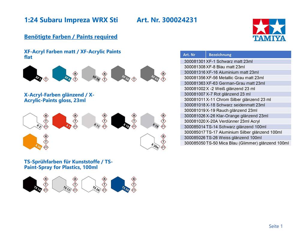 Tamiya Sports Car Series Subaru Impreza WRX STi Пластиковая модель 24231 1/24 № 231