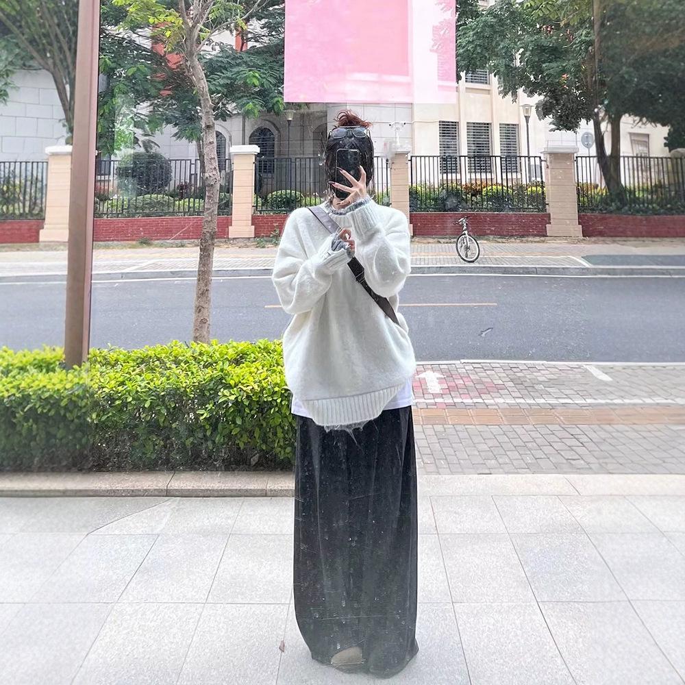 Женский зимний состаренный пуловер оверсайз два в одном с круглым вырезом и длинными рукавами