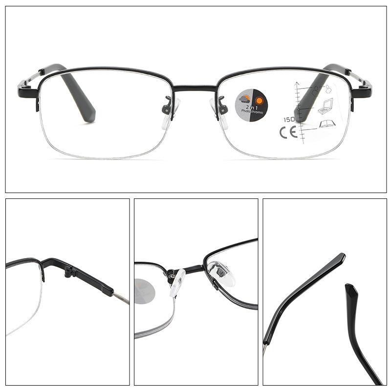 Memory Discoloration Multi-Focus Reading Glasses Anti-Blue Half-Frame Glasses Elderly Glasses Metal Cross-Mirror Men'S Reading Glasses