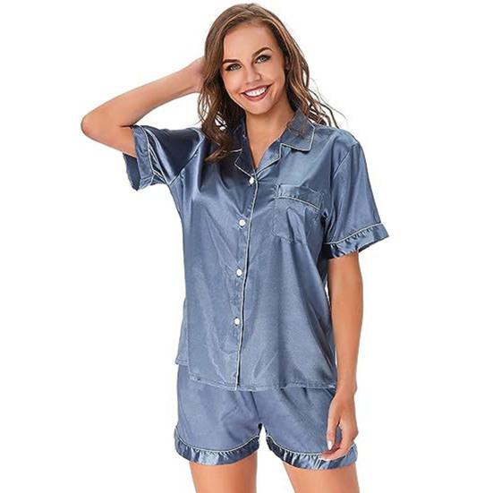 2 Pcs/Set Pajamas Suit Satin Single-breasted Cardigan Shirt V Neck Notch Collar Solid Color Shirt