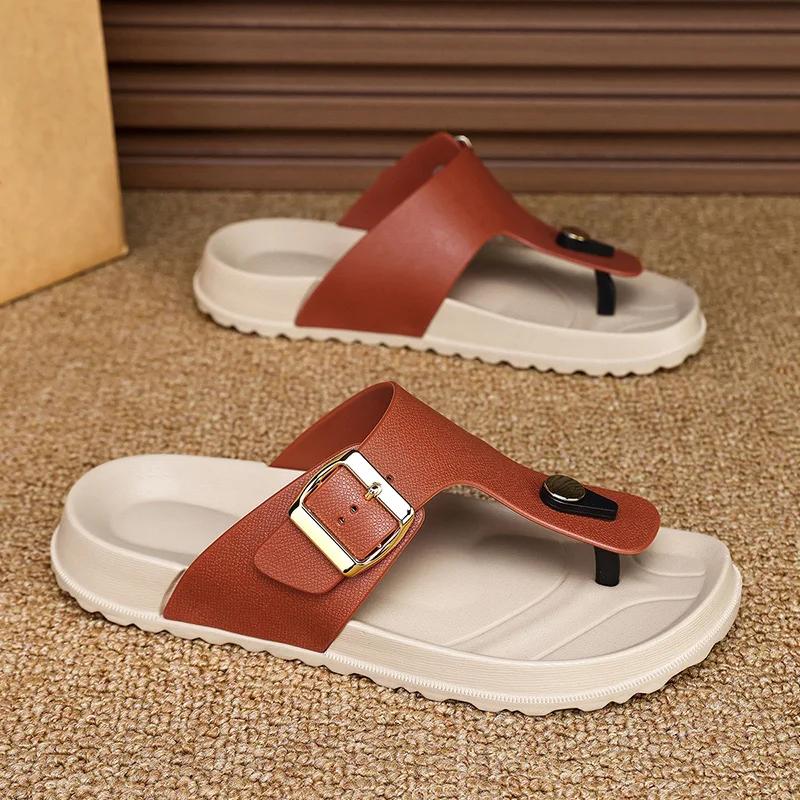 Fashion Leather Men's Sandals Summer Casual Flat Bottom Thong Slippers Beach Shoes Soft Sole Indoor Outdoor Slip-On Footwear