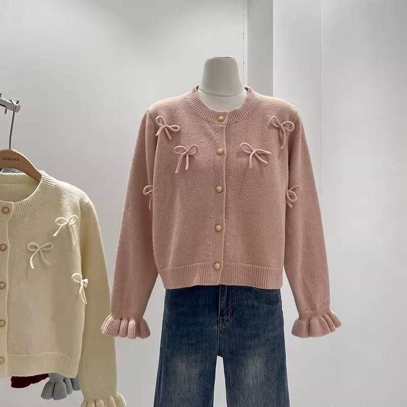 Корейский нежный и милый стиль трехмерный бант вязаный кардиган женский расклешенный рукав круглый вырез свитер куртка короткий топ