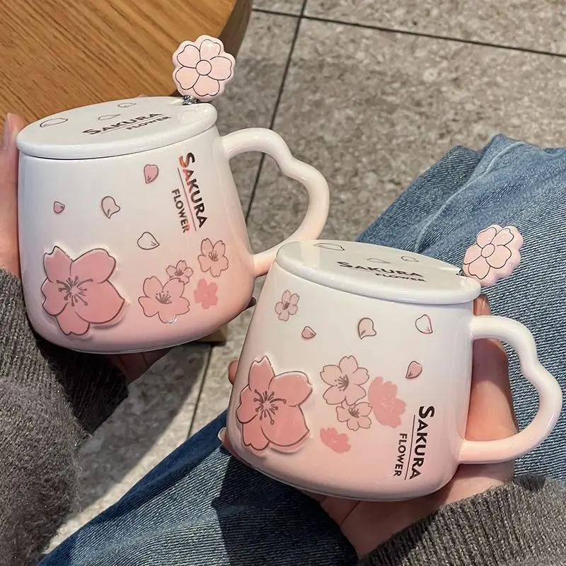 Новая Красивая Кружка с Крышкой и Ложкой Сакура Порошок Домашняя Прелестная Для Любителей Завтрака Молока Кофе Керамическая Кружка