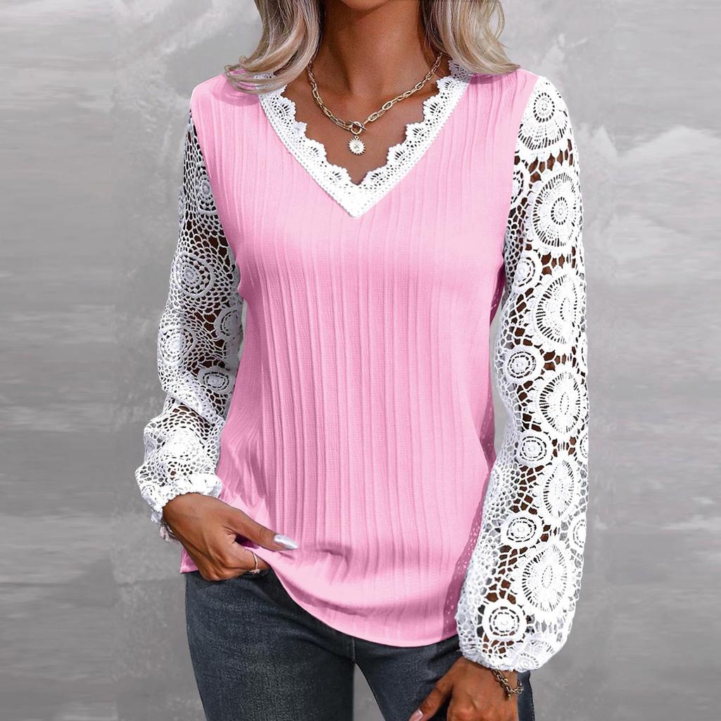 Women's Loose V-neck Lace Patchwork Long Sleeved Casual T-shirt Top