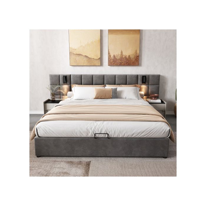 Lit rembourré - MUVOE - 140x200 cm - Gris - Rangement hydraulique - Liseuse USB