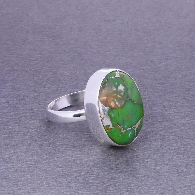 Кольцо из зеленой меди с бирюзой, кольцо с овальным кабошоном, кольцо с безелем, кольцо ручной работы из серебра 925 пробы, кольцо для вечеринки, штабелируемое кольцо