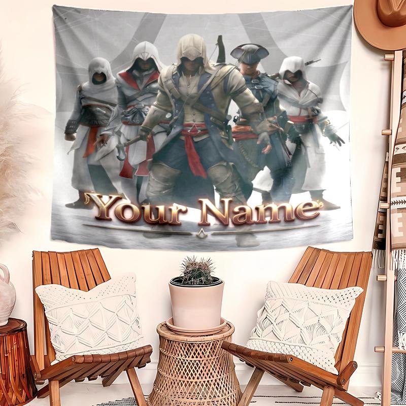 Personalized Name Assassin's Creed Tapestry, Wall Hanging Tapestry, Pattern Tapestry for Dorm Bedroom Living Room Wall Art Photography Backdrop