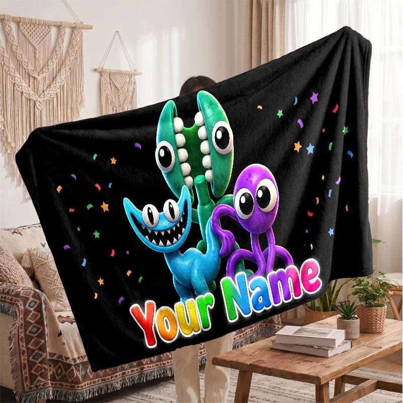 Rainbow Friends Personalized Flannel Blanket, Custom Printed Text Name, Warm Soft Blanket For Couch Bed