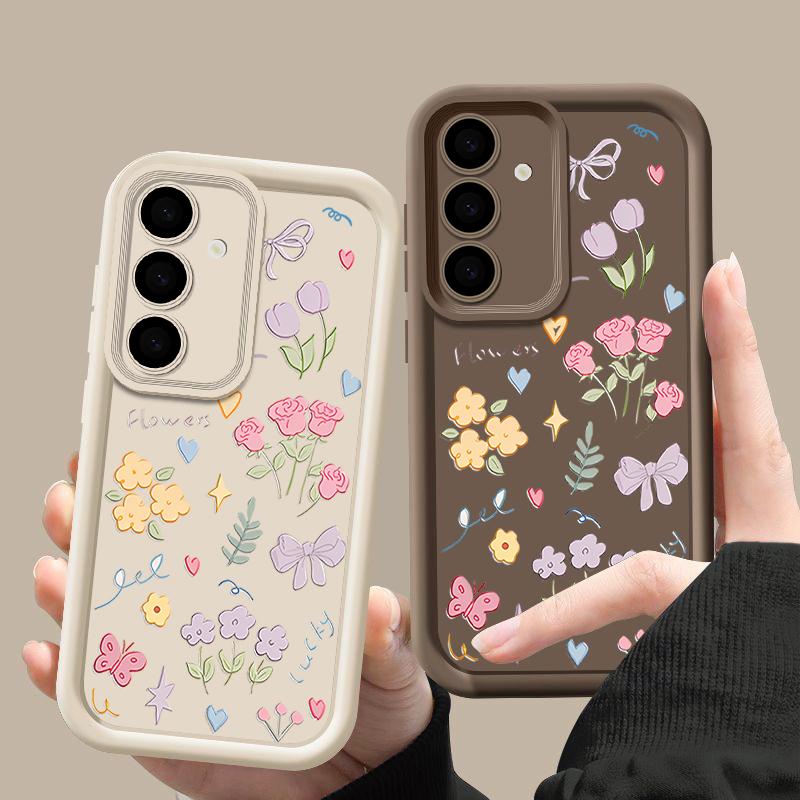 Cartoon Floral Print TPU Shockproof Matte Case For Samsung S25 Ultra S24 FE S23 Plus A56 A36 A16 A15 A55 A06 Soft Silicone Lens Protection Phone Cover
