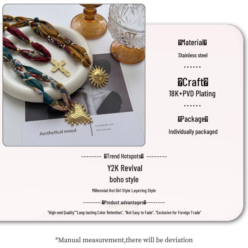 Sicilian Style Cross Heart Silk Scarf & Multi-layer Stainless Steel Necklace Set