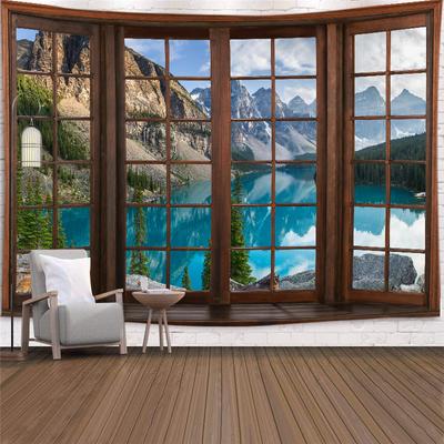 3D оконный пейзаж, гобелен с горами, настенный гобелен с лавандовым деревом и озером, украшение для дома, гостиной