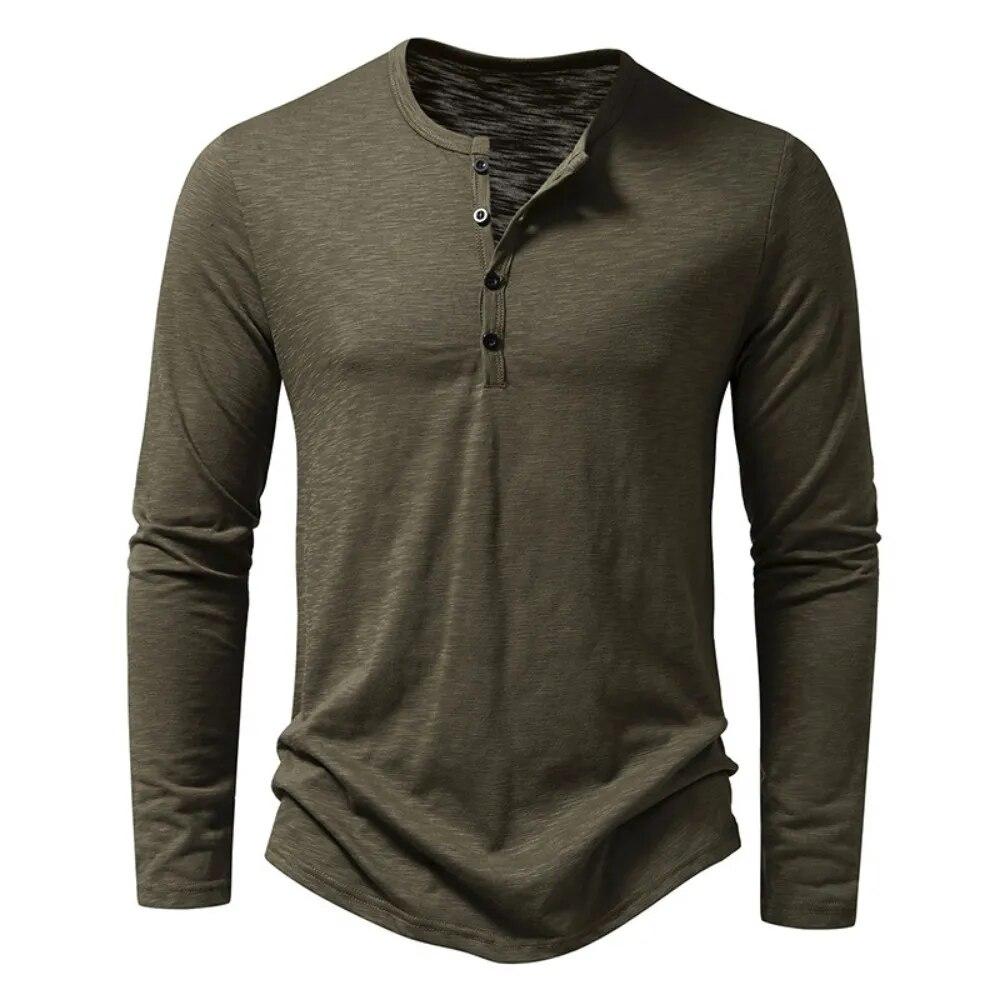 Мужская рубашка-henley с пуговицами, длинный рукав, повседневная, однотонная, с пуговицами