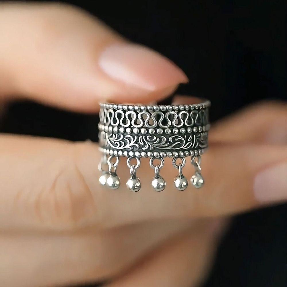 Hollow Out Ethnic Style Ring Thai Silver Irregular Opening Ring Vintage Ring Gifts for Women Girl