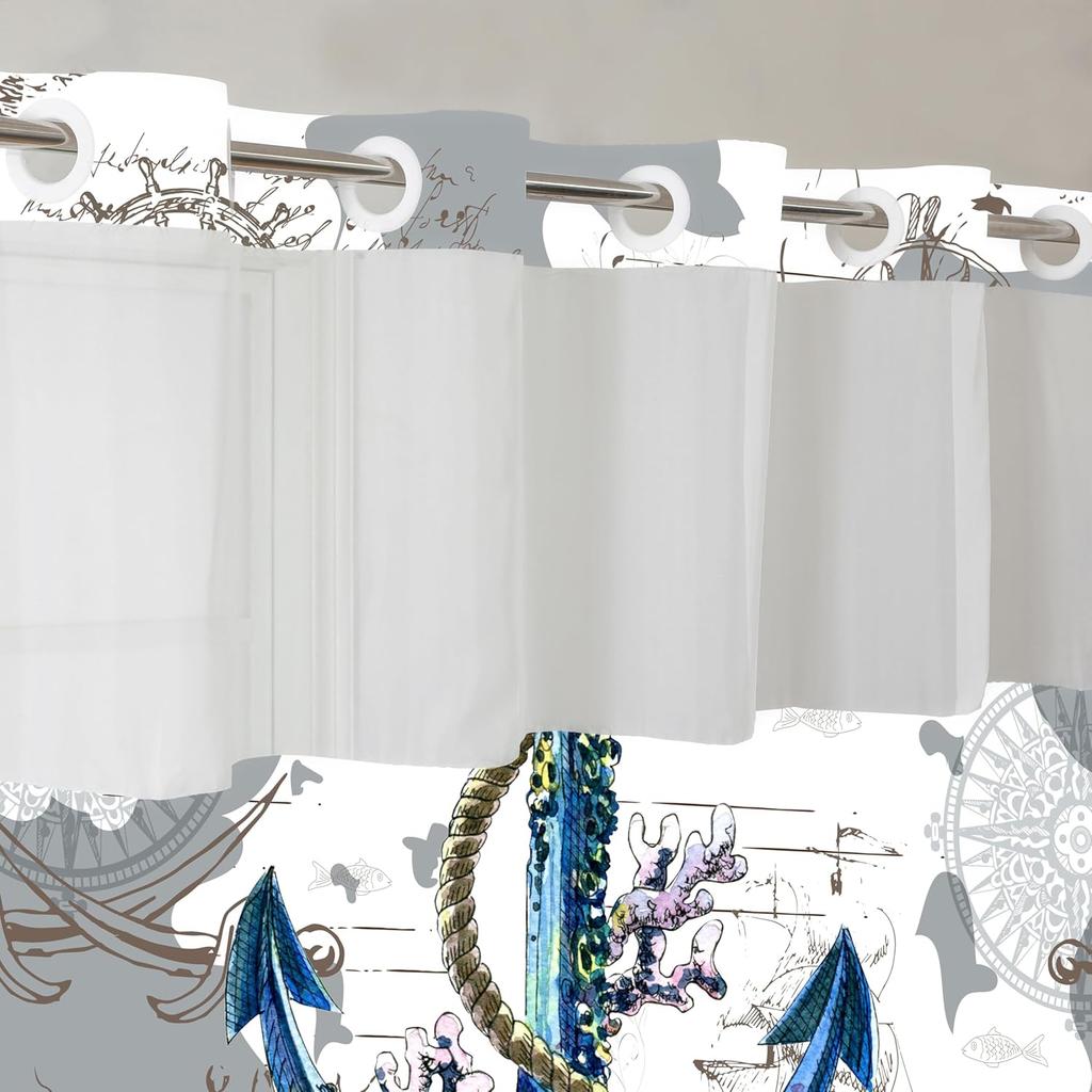 Морская шторка для душа без крючков со вставной подкладкой, Якорь Штурвал Корабля Гостиничные Шторы для Ванной Декоративные для Ванной Комнаты, Океанский Прибрежный Морской Домашний Декор,