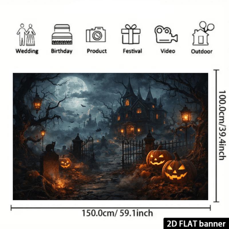 2D planar Halloween mysterious theme background fabric the scene depicts a spooky ancient castle under the moonlight.zyc