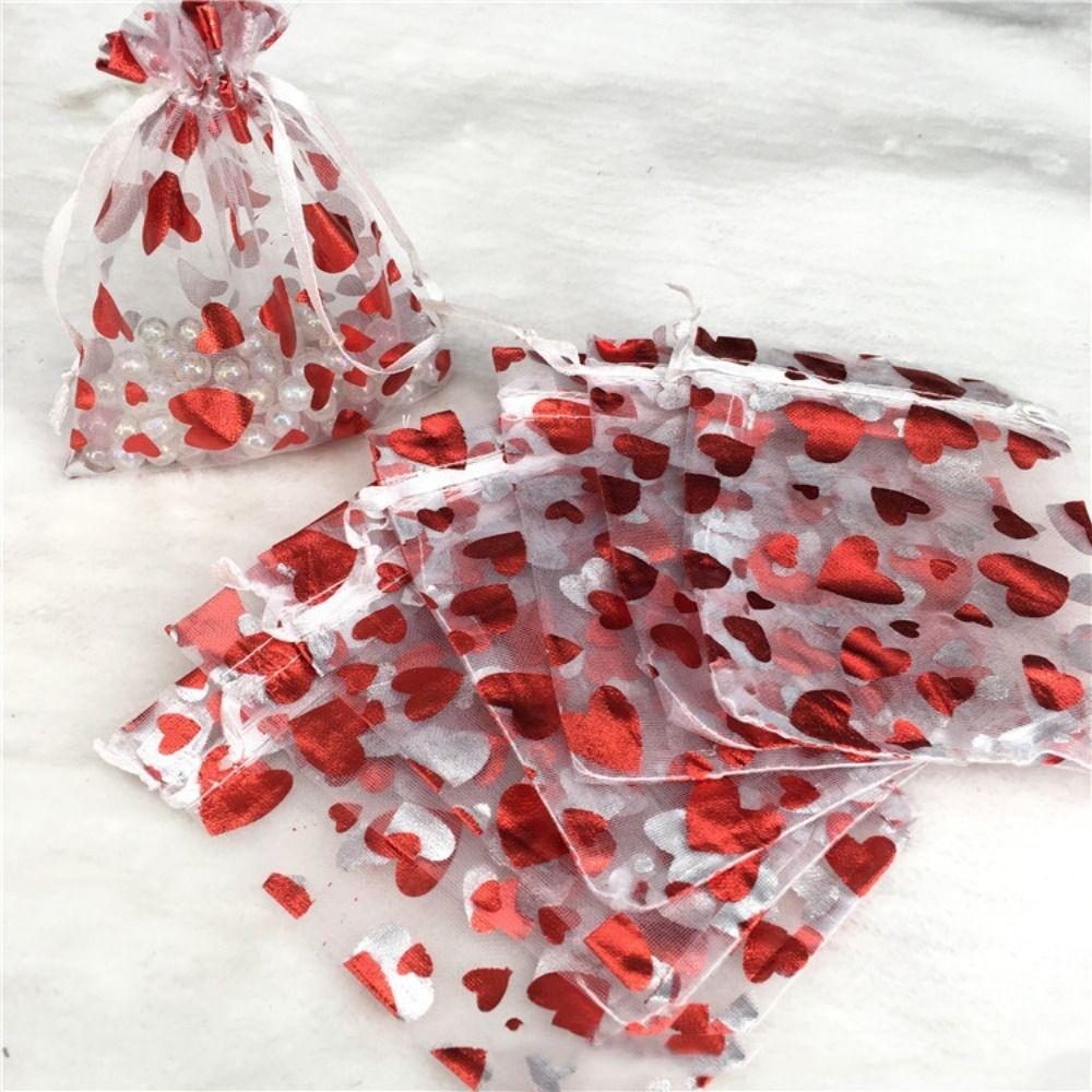 20pcs Love Heart Valentine's Day Gift Bag Drawstring Bronzing Gift Bag Mesh Candy Pouches Wedding