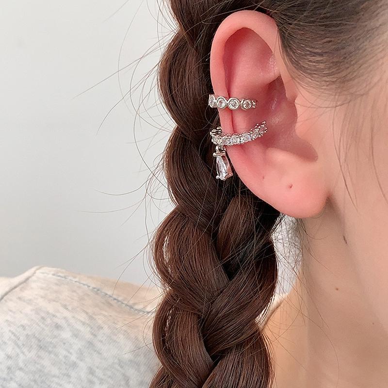 2Pcs Waterdrop Zircon Korean Ear Cuff Clip On Earrings for Women No Piercing C Shape Clip Ear Luxury Rhinestone Y2K Jewelry