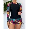 New 2025 Ladies Long Sleeve Printed Bikini Set Separate Tankini Swimsuit Women Fashionable Patchwork Design Swimming Costume