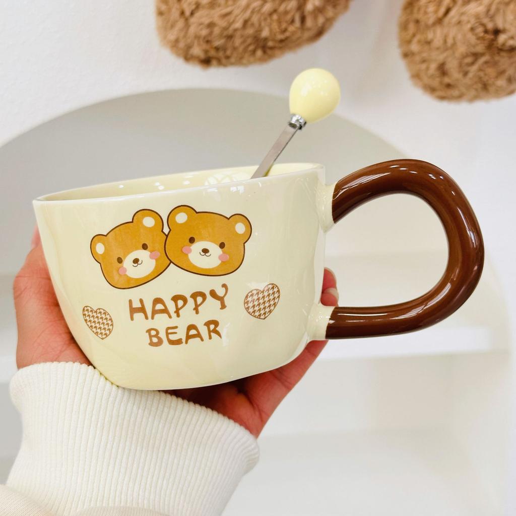 Милая кружка с медведем, кружка с животным, с крышкой и ложкой, в стиле инс, набор керамических кружек для девочек, чашка для завтрака, для офиса