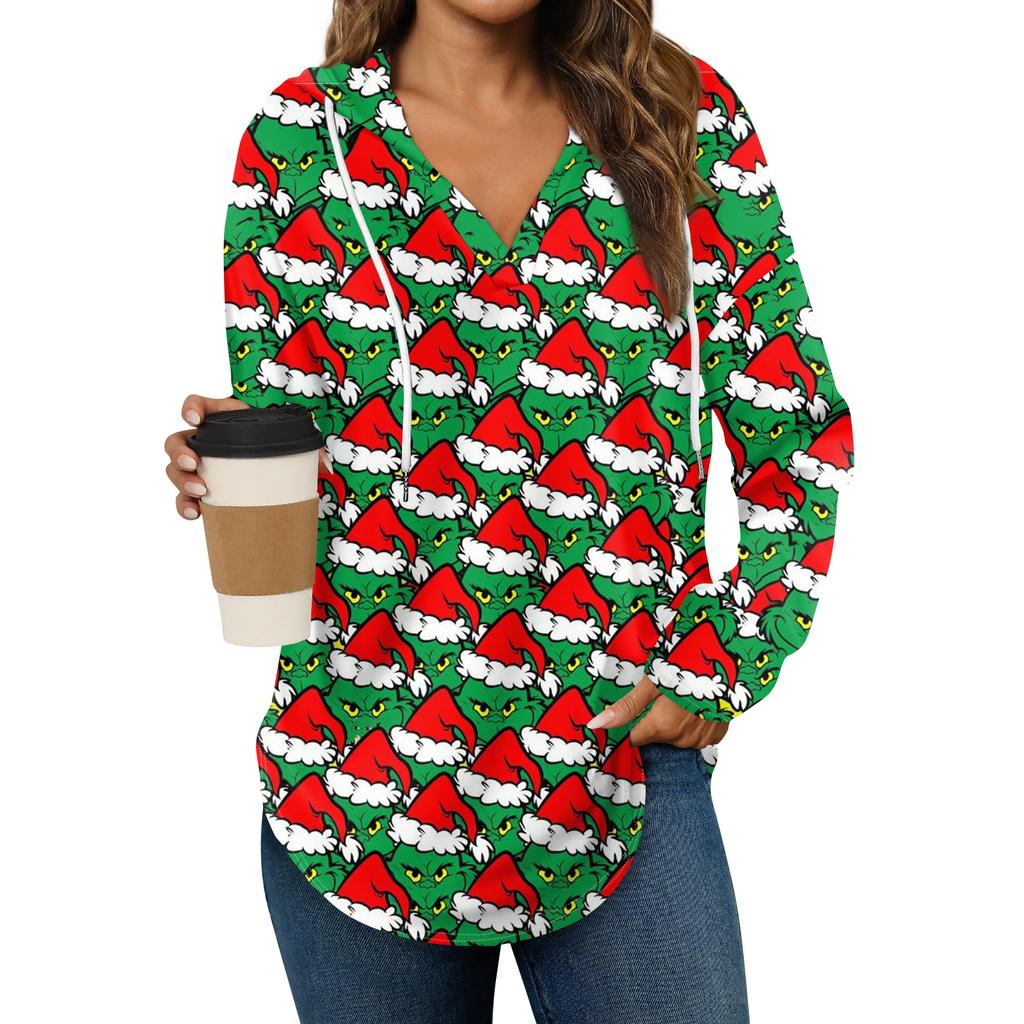Женские модные худи с V-образным вырезом, длинным рукавом, рождественским принтом, кулиской, повседневные, свободные, пуловерные топы