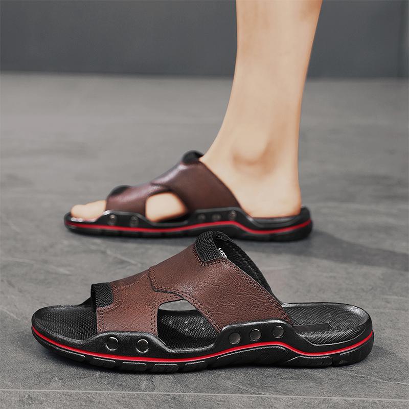Men Slippers Wide Palm Outdoor Summer Black Brown Flats Sandals Open Toe Beach Shoes for Father Plus Size