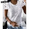 Женский летний весенний однотонный кружевной топ с короткими рукавами и круглым вырезом