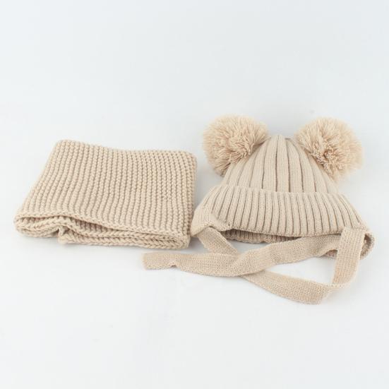 2 шт./набор Детская зимняя шапка и шарф Набор Декор плюшевым помпоном Однотонный Плюшевая подкладка Вязаная шапка Теплый комплект шарфа