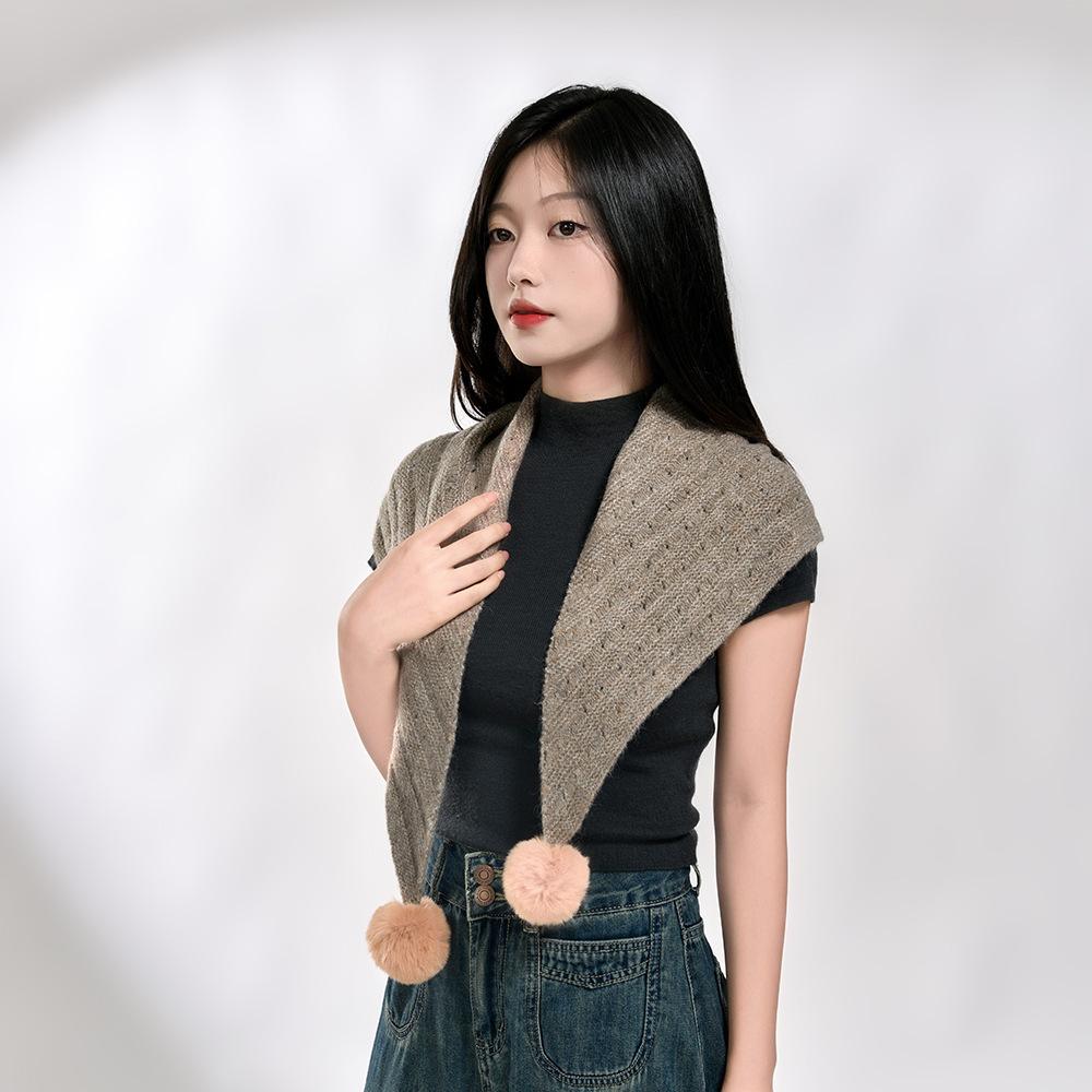 Women's Scarf New Korean Design Hairball Hollow Small Shawl Sweet Girl Cute Accessories Triangle Knitted Warm Wool Scarf