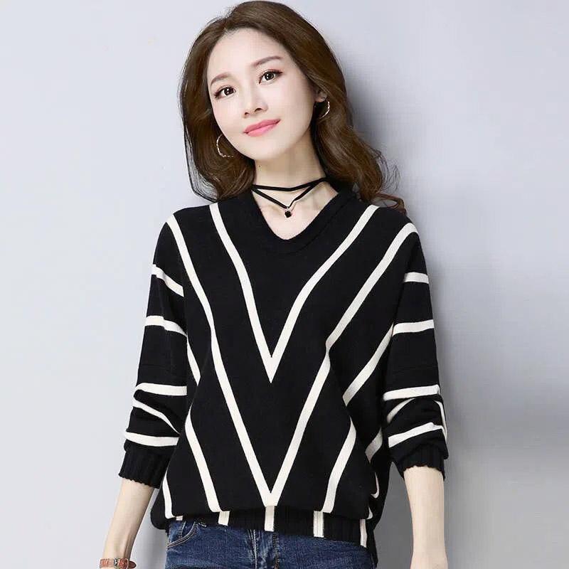 Autumn Bat Shirt Sweater Women's Pullover Loose Korean Style Striped Top Outer Wear Knitted Bottoming Shirt