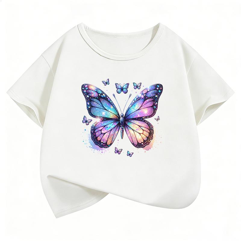 Retro Butterfly Design T-Shirt Printed T Shirt Girls' Summer Clothes Short Sleeve Tops T-Shirts Cute Boys Clothing