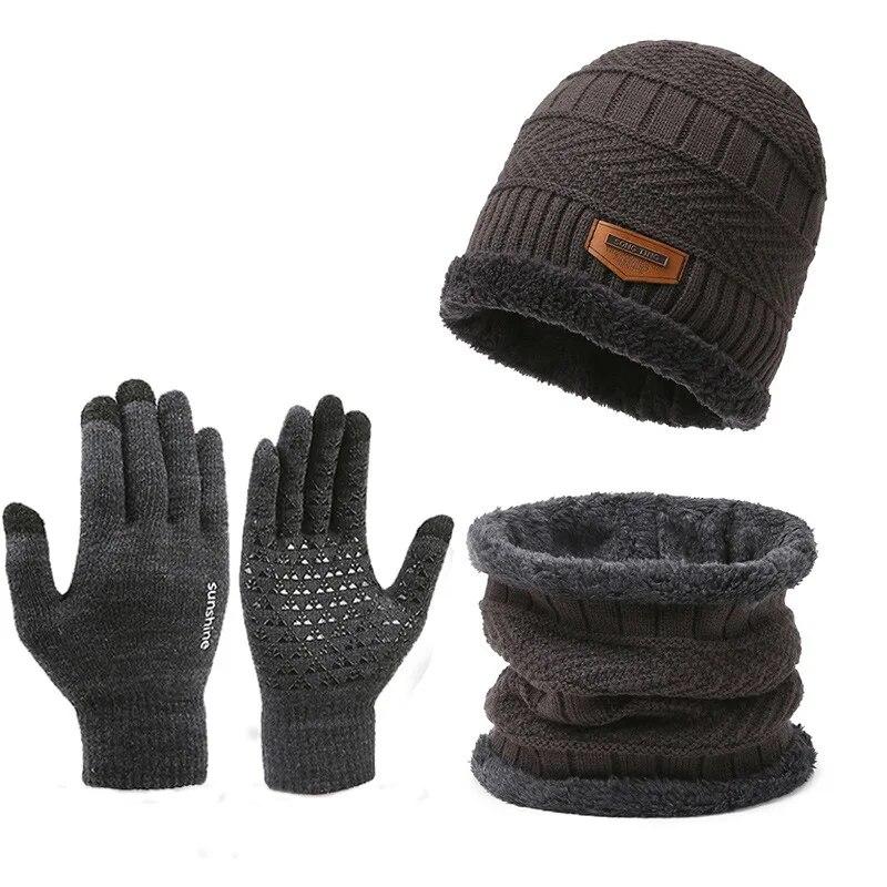Suit Hat Men's Winter Scarf Gloves Three-Piece Set Neck Integrated Fleece Warm Winter Knit Hat