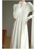 Women's Solid Color Velvet Knit Pullover Mid-Length Dress - Long Sleeve, Half High Neck, Over-the-Knee Style